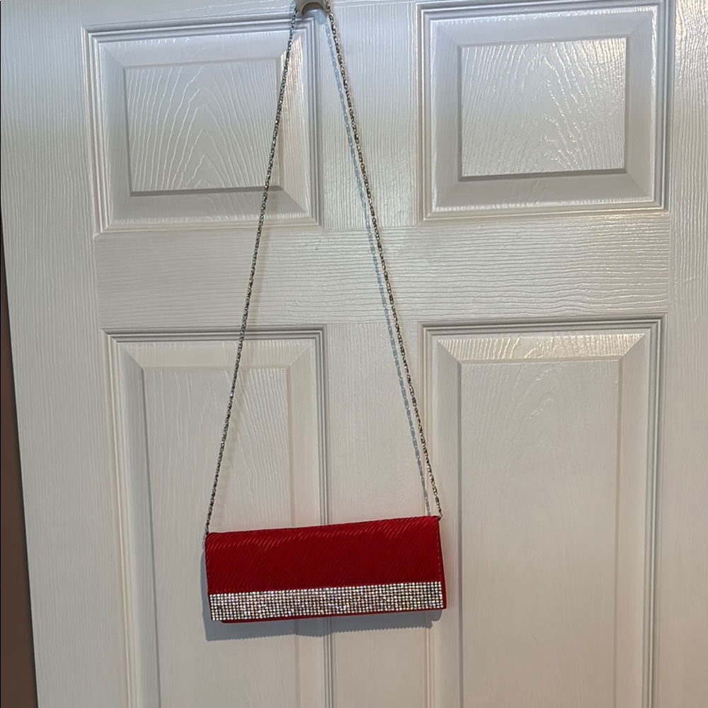 J Francis Red Satin Clutch/Bag with Austrian Crystals